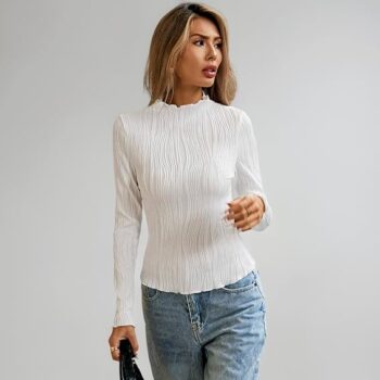 Elegant White Textured High Neck Full Sleeve Top for Women